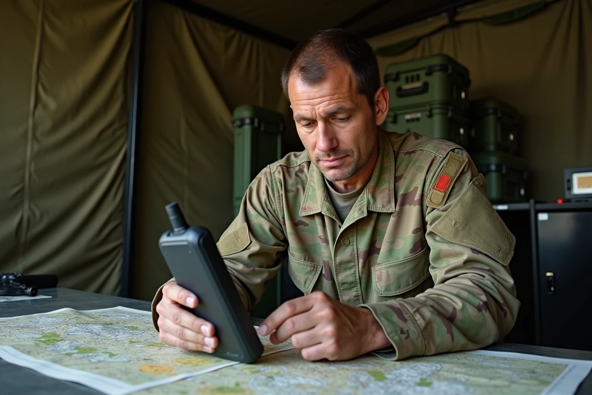 Technicien militaire analysant un GPS tactique ruggedisé sur une table de terrain avec des cartes topographiques dans une tente opérationnelle