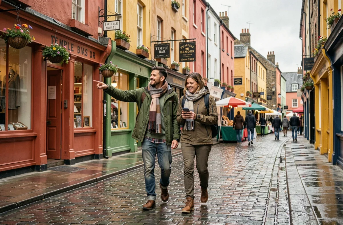 Couple de voyageurs explorant la rue pavée de Temple Bar à Dublin, façades colorées et ambiance animée du quartier touristique irlandais