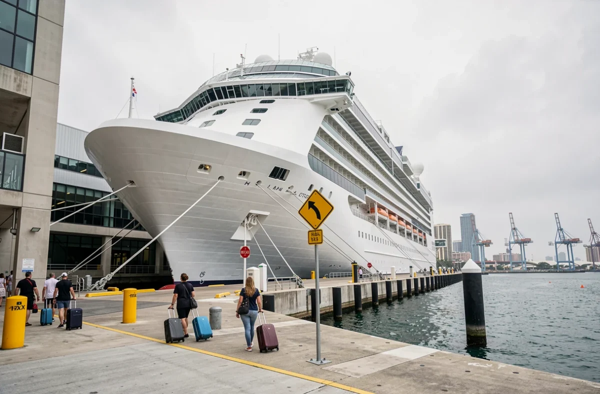 Terminal de croisière de PortMiami avec un grand paquebot à quai et des passagers embarquant avec leurs bagages