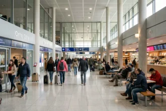 Hall de départ de l'aéroport d'Orly avec voyageurs, panneaux d'affichage et boutiques avant l'embarquement