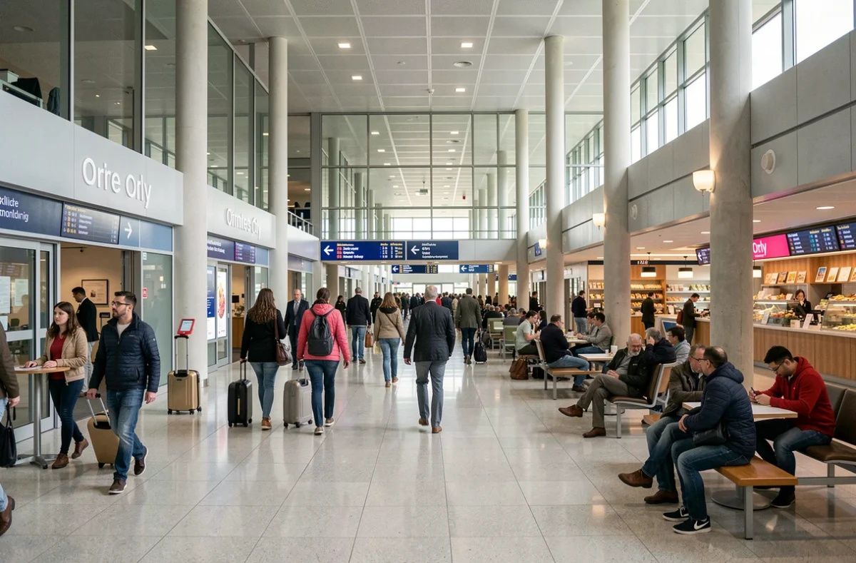 Hall de départ de l'aéroport d'Orly avec voyageurs, panneaux d'affichage et boutiques avant l'embarquement