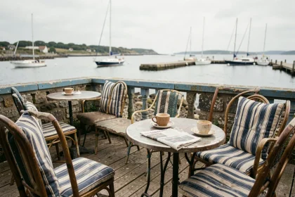 Terrasse de café en bord de mer à la plage de Conleau à Vannes, avec vue sur le golfe du Morbihan