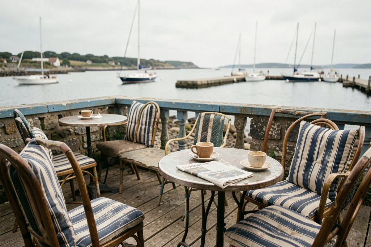 Terrasse de café en bord de mer à la plage de Conleau à Vannes, avec vue sur le golfe du Morbihan