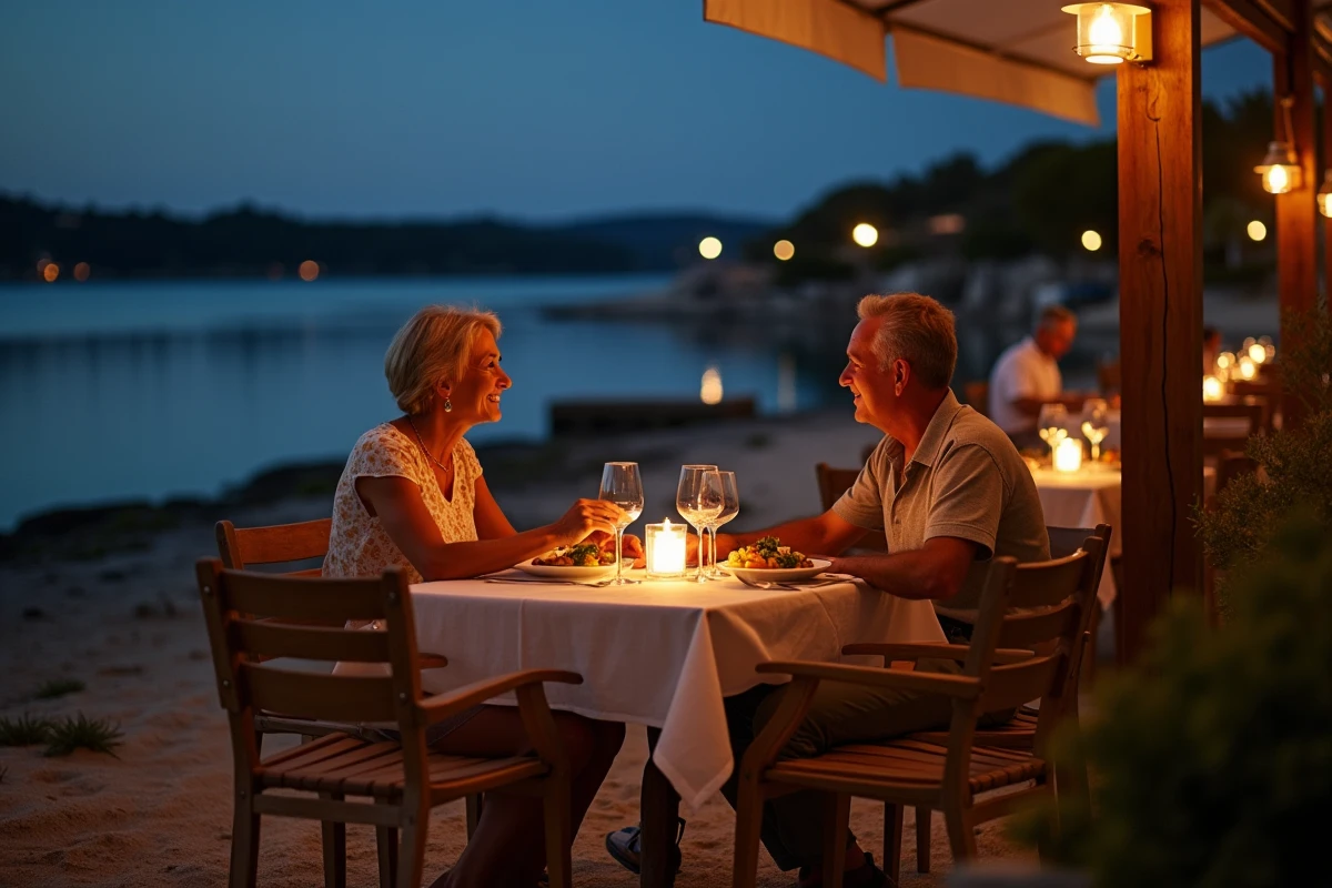 Couple dînant en terrasse au bord de l'étang à Gruissan village lors d'une soirée estivale