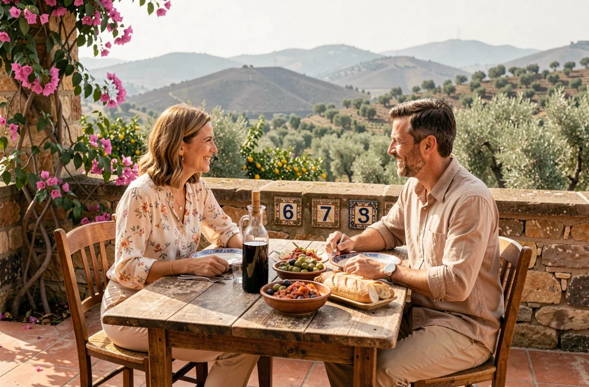 Couple attablé en terrasse d'une trattoria sicilienne en octobre avec vue sur les collines méditerranéennes