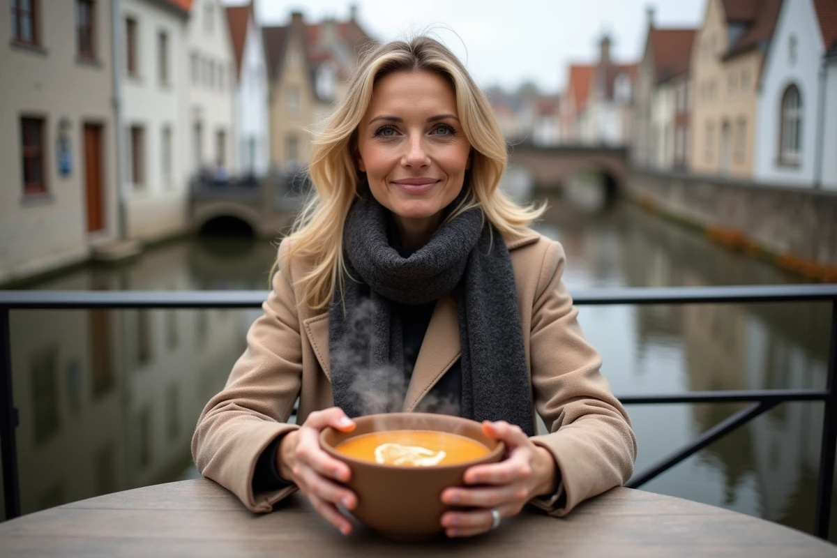 Femme dégustant un waterzooi flamand en terrasse au bord d'un canal à Bruges
