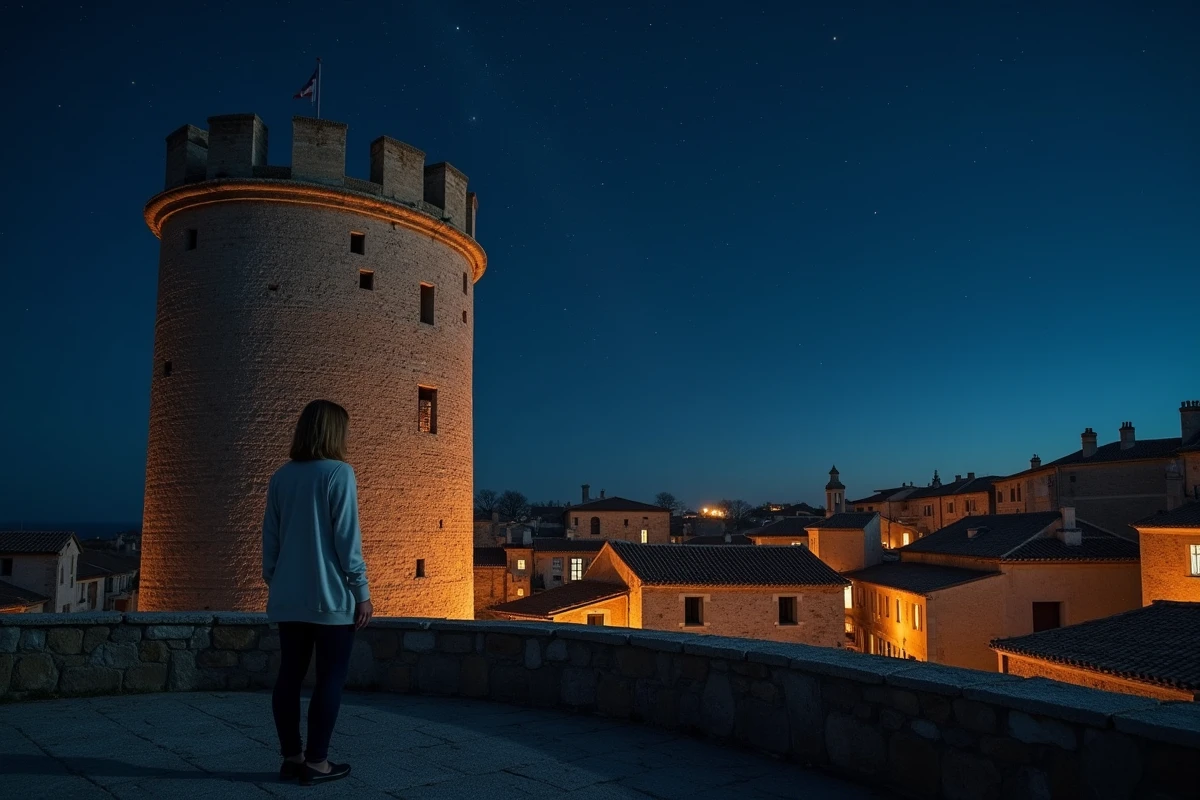Tour Barberousse de Gruissan la nuit vue du bas avec une femme locale au premier plan et ciel étoilé