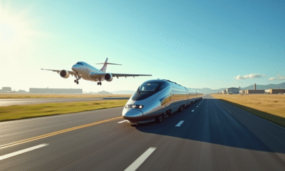 Train à grande vitesse et avion en vol sur fond bleu