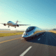 Train à grande vitesse et avion en vol sur fond bleu