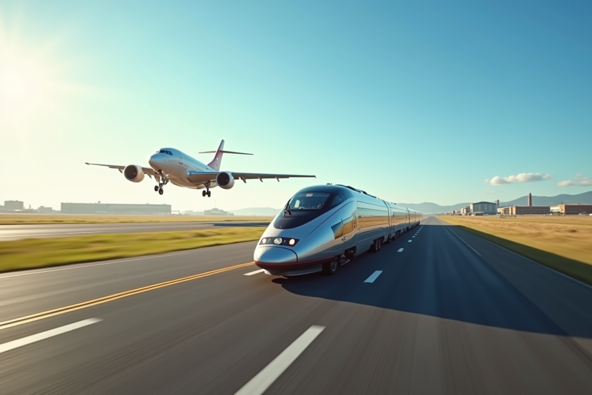 Train à grande vitesse et avion en vol sur fond bleu