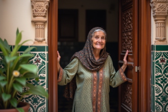 Femme marocaine âgée ouvrant une porte en bois ornée dans un riad traditionnel