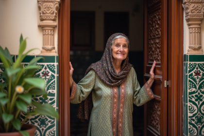 Femme marocaine âgée ouvrant une porte en bois ornée dans un riad traditionnel