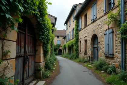Rue abandonnée d'un village fantôme en France avec façades de pierre effondrées, portail rouillé et pavés envahis par la végétation