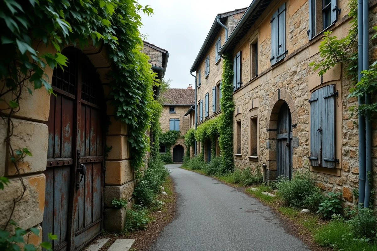 Rue abandonnée d'un village fantôme en France avec façades de pierre effondrées, portail rouillé et pavés envahis par la végétation