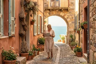 Ruelle pavée d'un village sicilien en octobre avec une femme explorant le bourg calme et ensoleillé