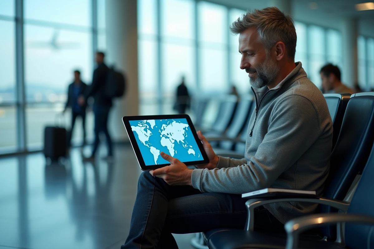 Voyageur à l'aéroport consultant une carte numérique des distances de vol vers le Groenland sur une tablette avant l'embarquement