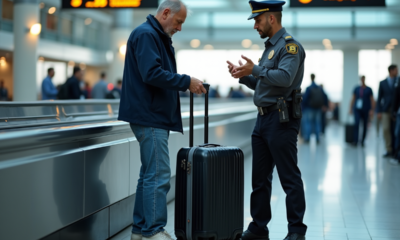 Homme voyageur ouvrant sa valise à l'aéroport