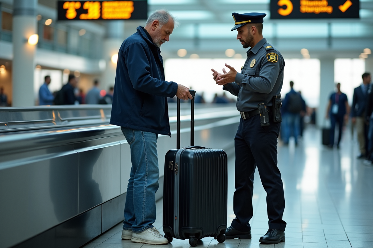 Homme voyageur ouvrant sa valise à l'aéroport
