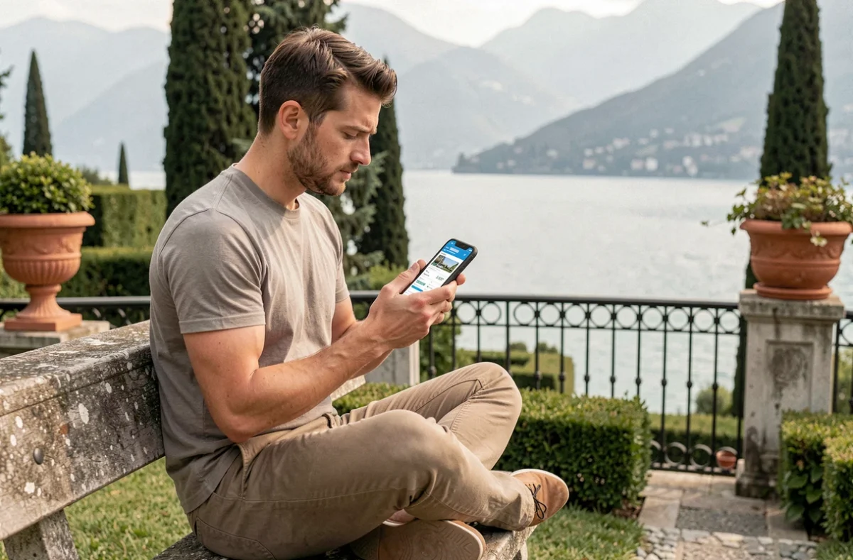 Jeune homme comparant les prix d'hôtels sur son téléphone dans un jardin surplombant le lac de Côme