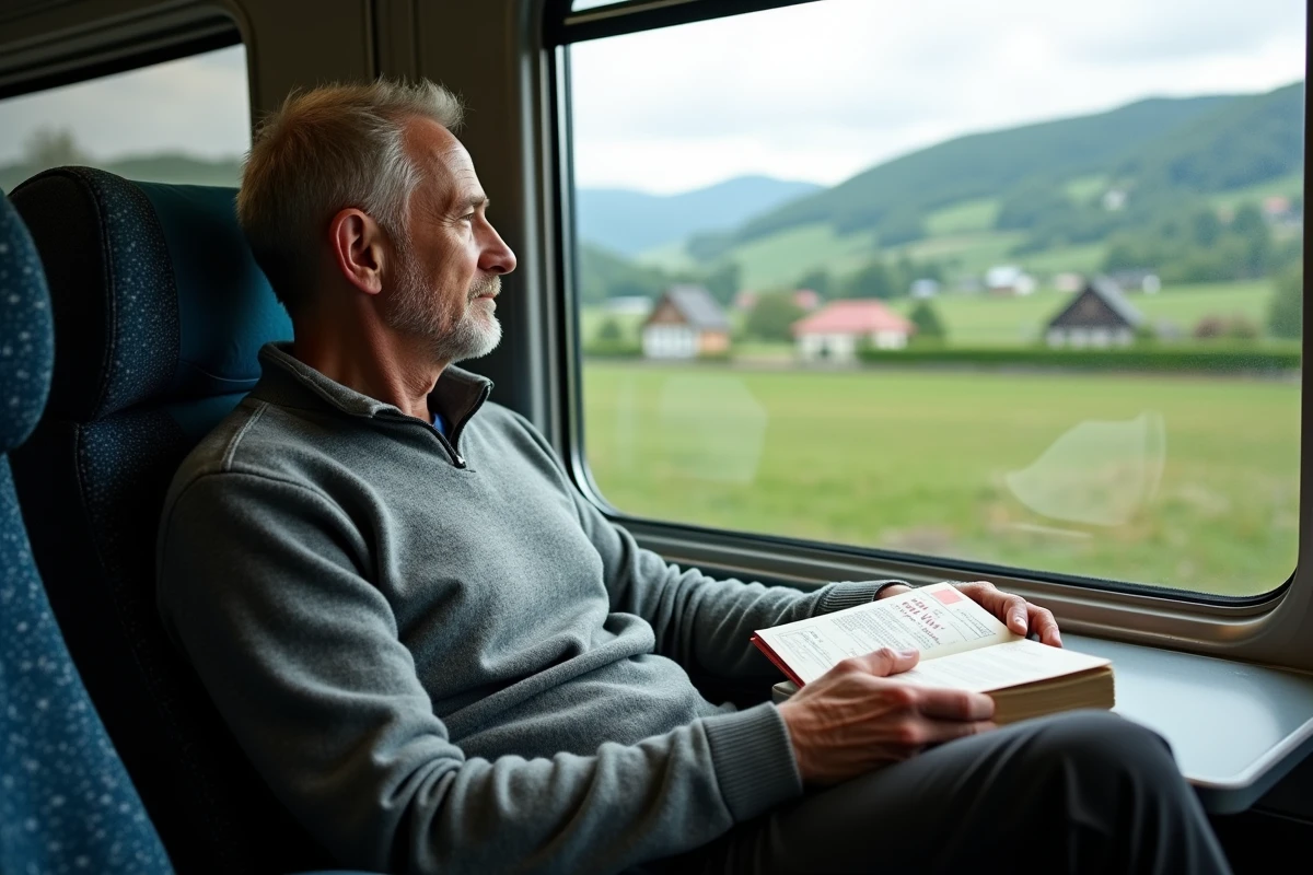 Voyageur solitaire regardant le paysage par la fenêtre d'un train avec un pass Eurail posé sur la tablette