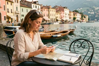 Voyageuse comparant son budget de voyage au bord du lac de Côme dans un café typique de village italien