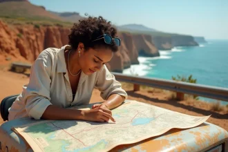 Voyageuse étudiant une carte routière du nord du Maroc appuyée sur un 4x4 au bord des falaises côtières