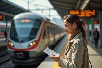 Voyageuse tenant un pass interrail sur un quai de gare européenne avec un train intercités en arrière-plan