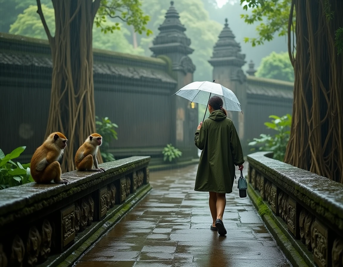 Voyageuse sous un poncho imperméable marchant sur un sentier mouillé entourée de singes dans la Monkey Forest d'Ubud sous la pluie
