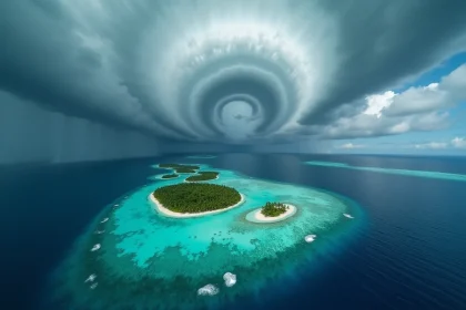 Vue aérienne de la mer des Caraïbes avec un système d'ouragan en formation au-dessus des îles tropicales