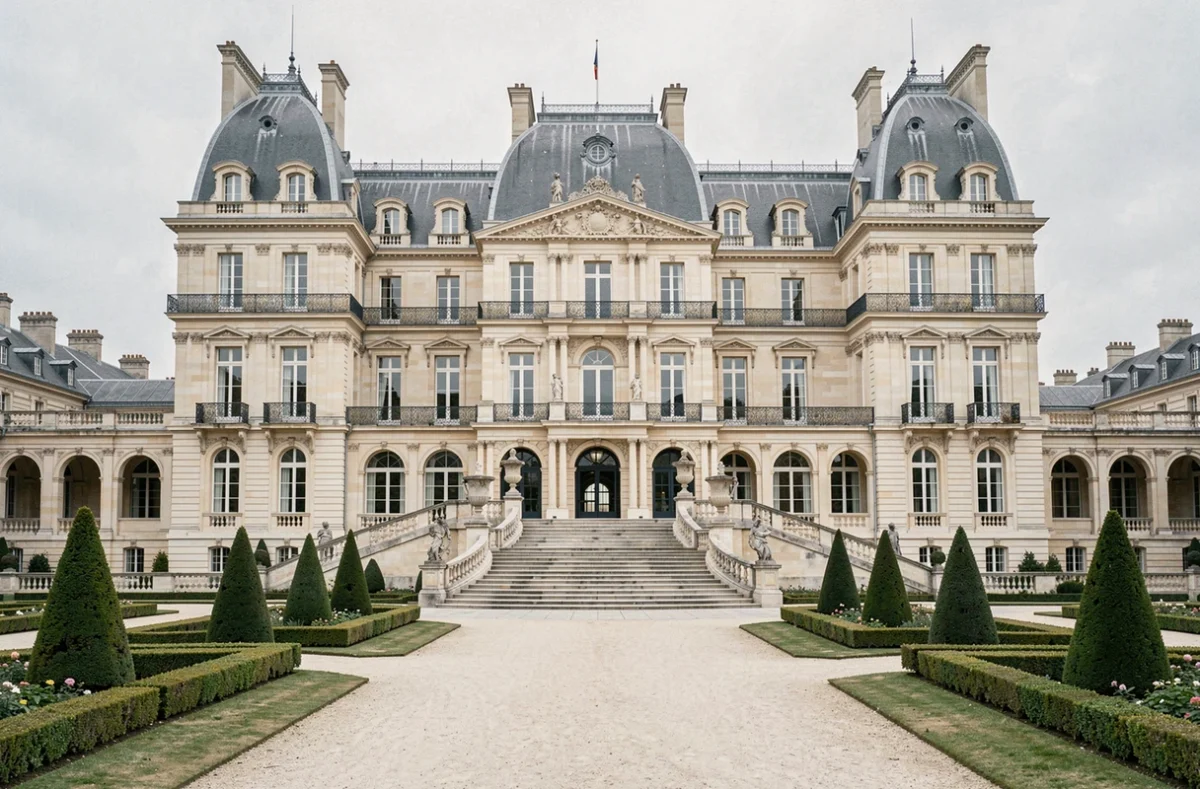 Façade majestueuse du Waldorf Astoria Versailles Trianon Palace entourée des jardins formels à la française